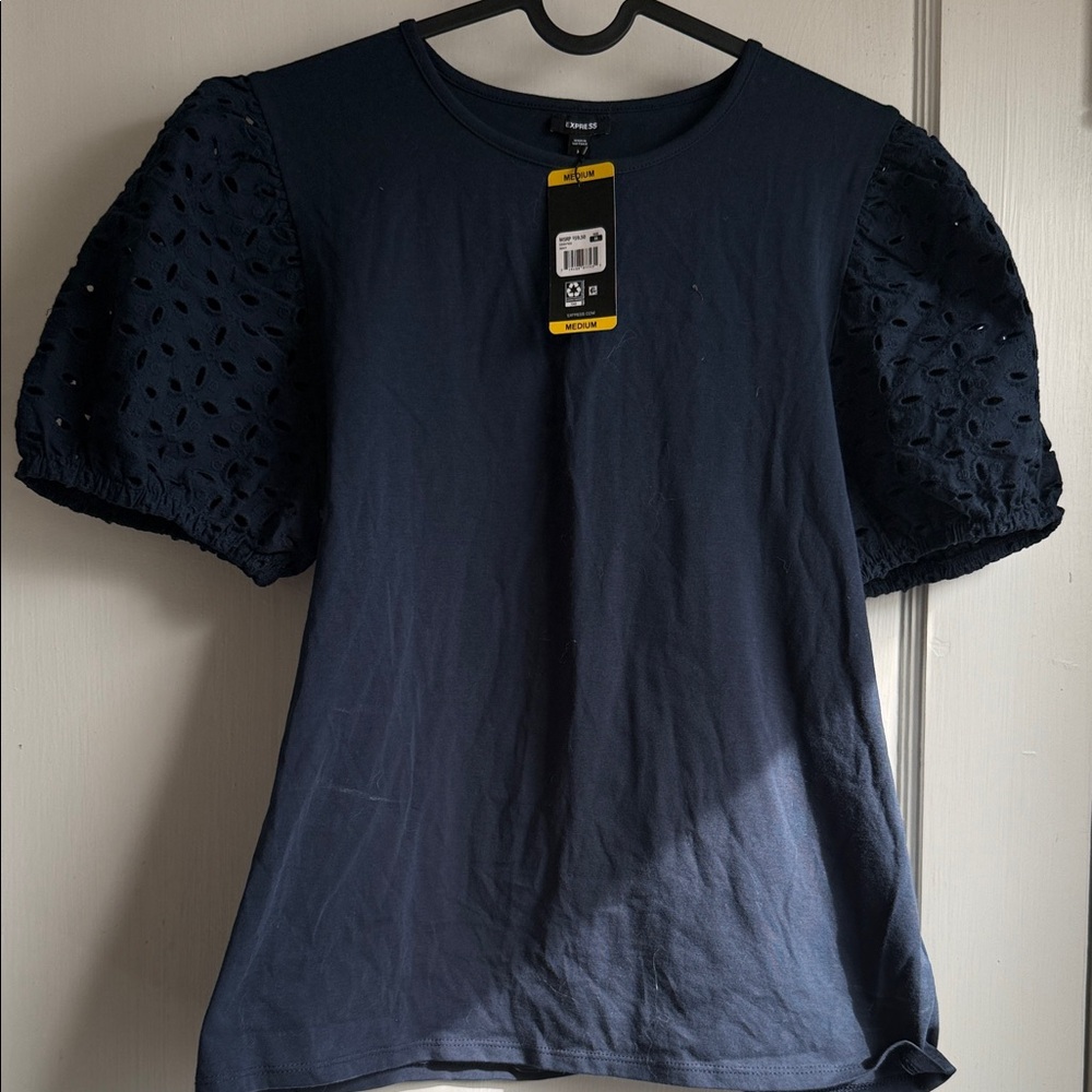 Express Navy Eyelet Puff Sleeve Tee